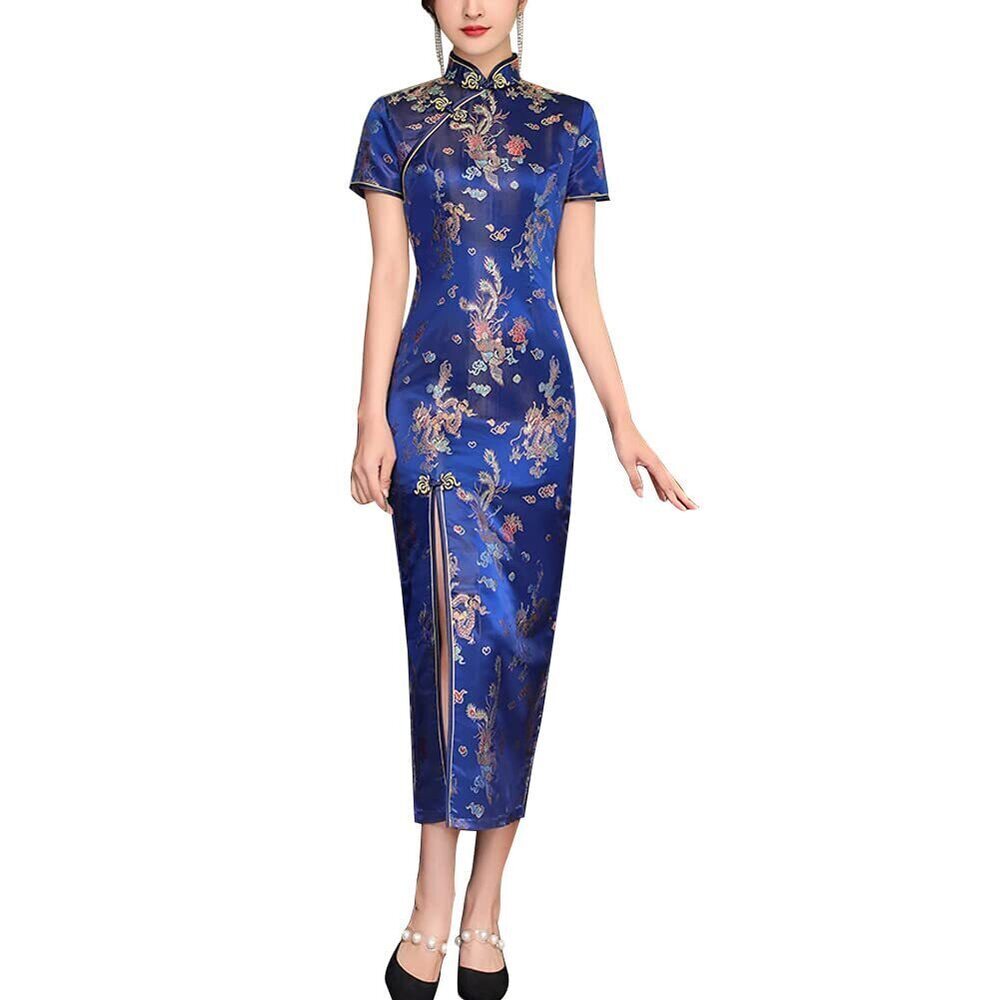 9556 Cheongsam Costume Side Slit Slim Fit Qipao Party Dragon Phoenix Print